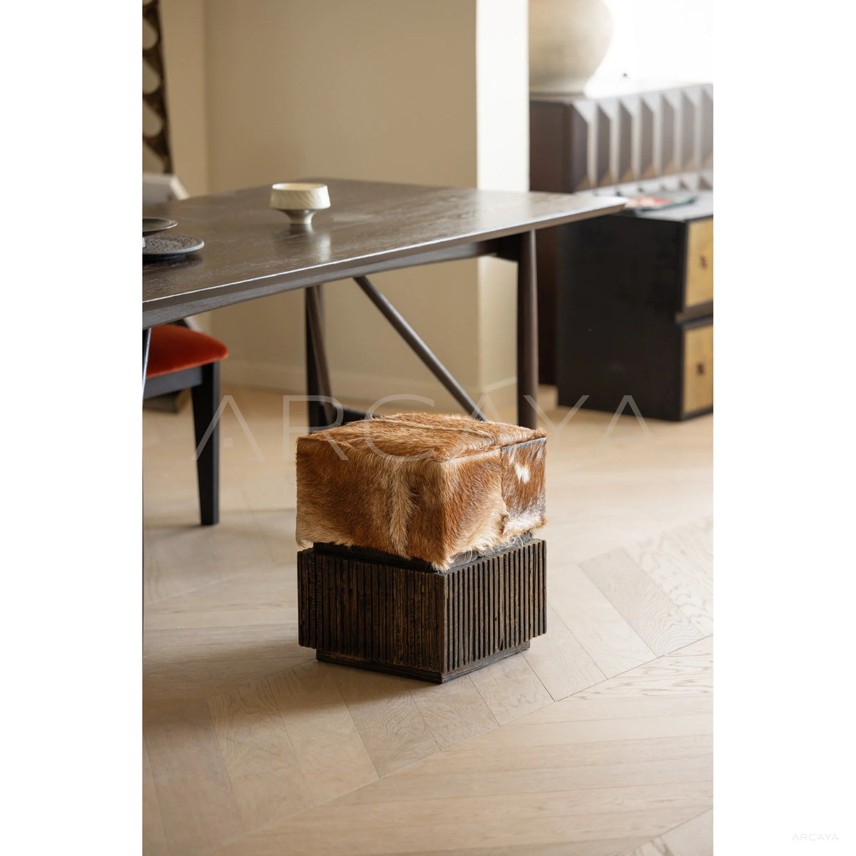 Goat Hide Teak Stool in detail