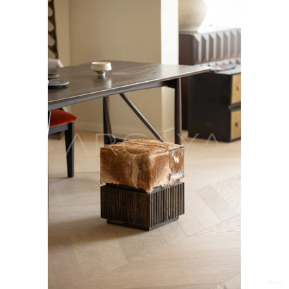 Goat Hide Teak Stool - scene