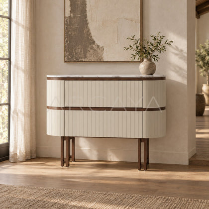 Vertical Stripe Upholstered Marble Oval Chest - scene