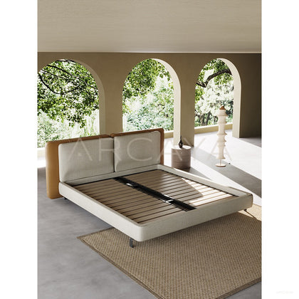 Saddle Leather Linen Wide Headboard Bed - scene