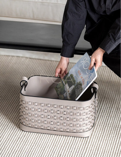 Handwoven Leather Storage Basket With Handles - scene