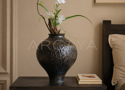 Vintage Dark Brown Hammered Narrow Neck Vase - scene