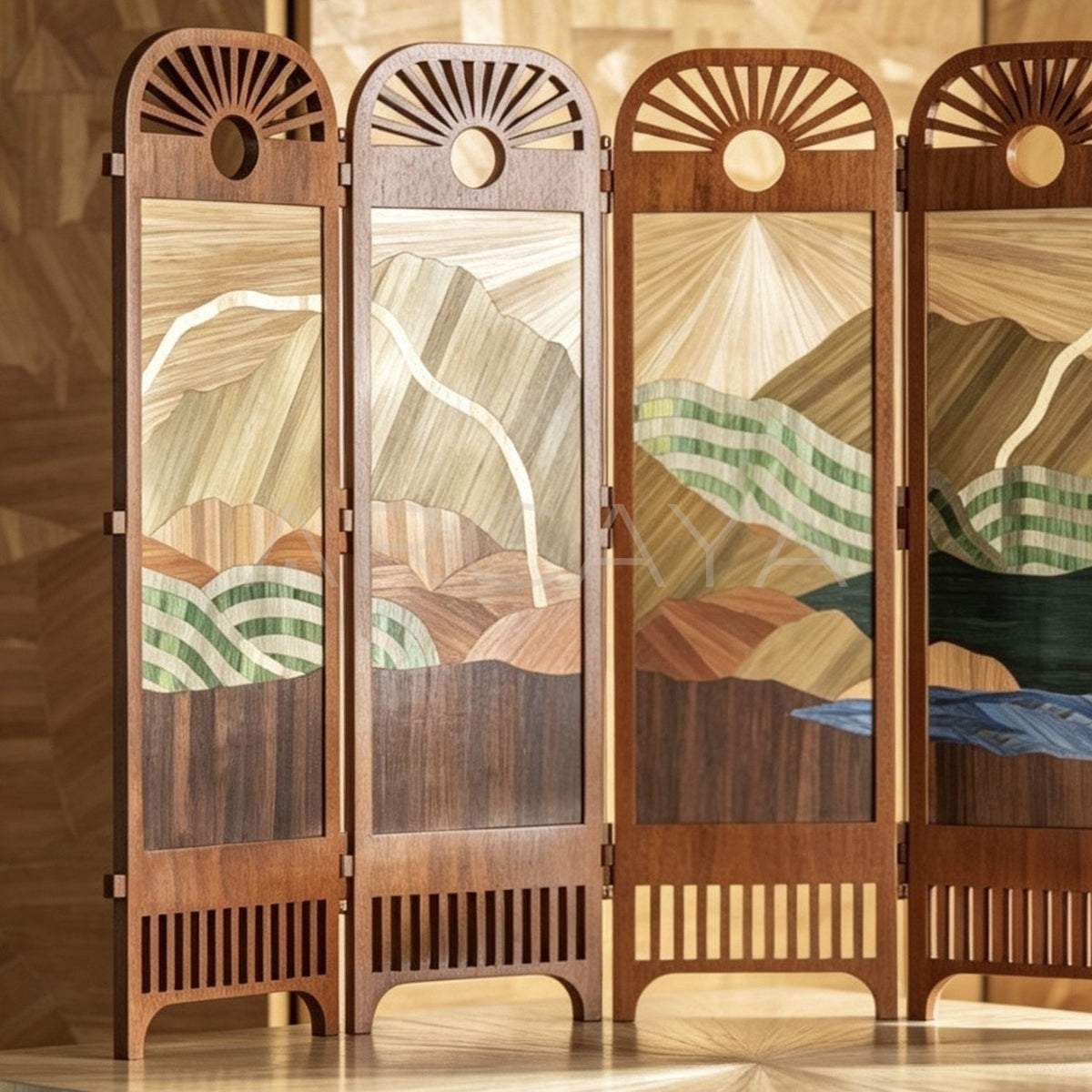 Mountain Landscape Veneer Marquetry Screen in detail