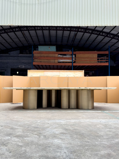 Natural Stone Top Metal Base Dining Table - scene