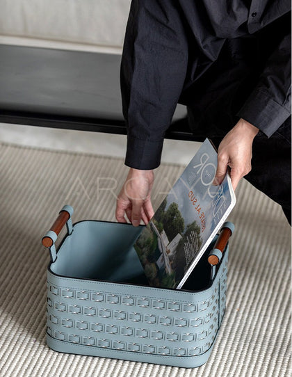 Handwoven Leather Wardrobe Basket Wood Handles - scene