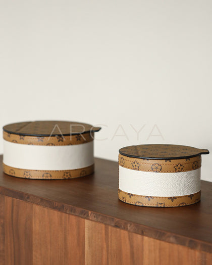 Vintage Two Tone Leather Round Storage Box - scene