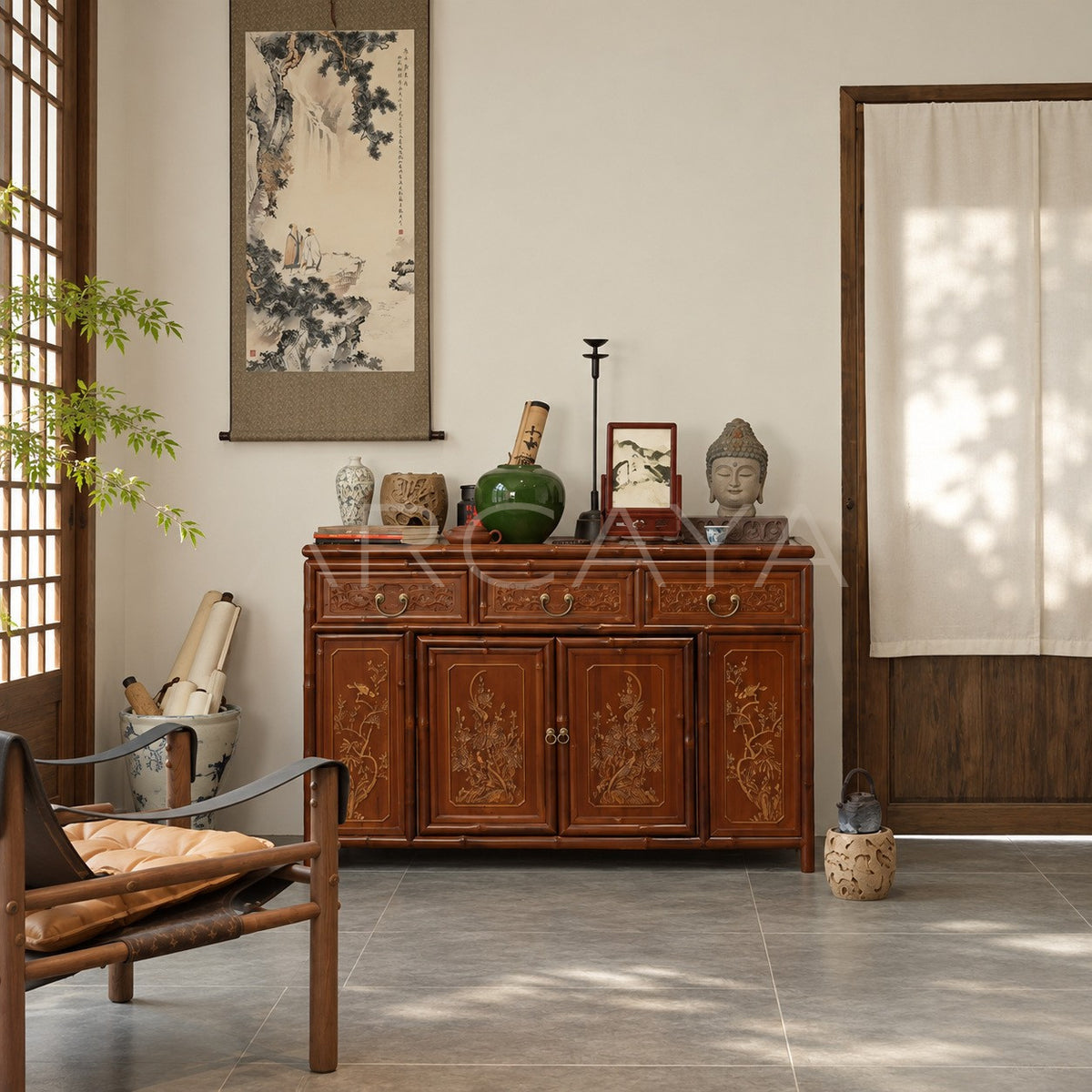 Gold Painted Flower Bird Four Door Sideboard in detail
