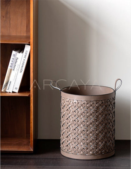 Vintage Handwoven Leather Laundry Hamper - scene