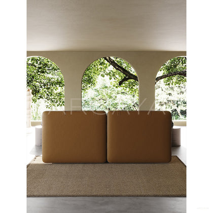 Saddle Leather Linen Wide Headboard Bed - scene
