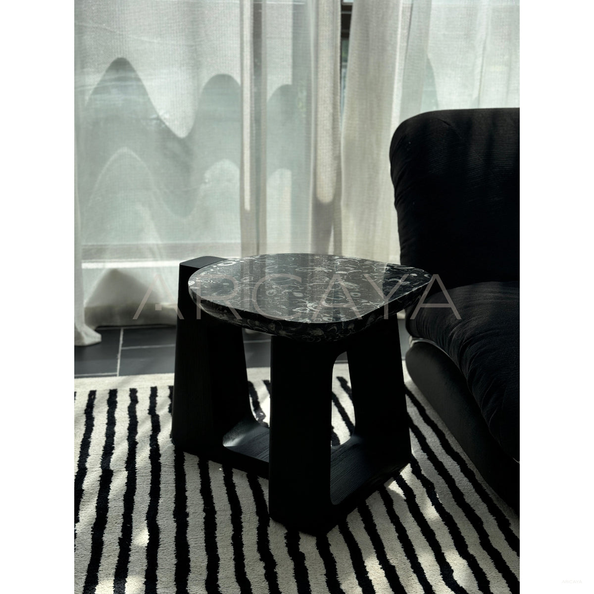 Marble Top Black Geometric Base Side Table in detail