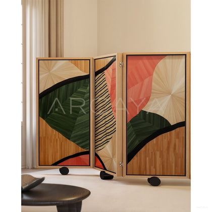 Handmade Straw Marquetry Folding Screen - scene