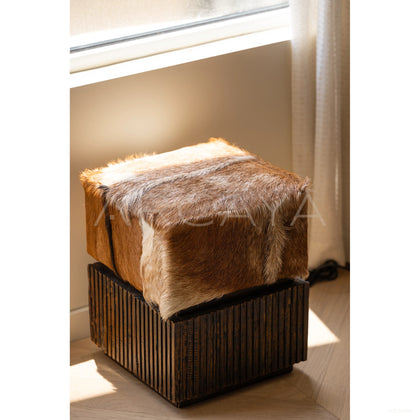 Goat Hide Teak Stool - scene