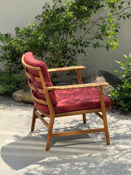 Burmese Teak Suede Red Lounge Chair - scene