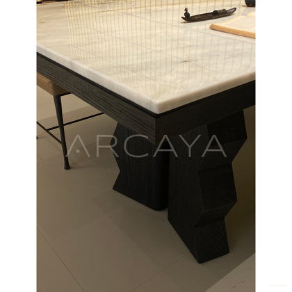 Red Oak Marble Black White Dining Table - scene