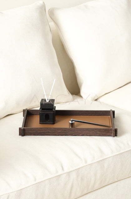 Solid Wood Dark Brown Leather Aroma Tray - scene
