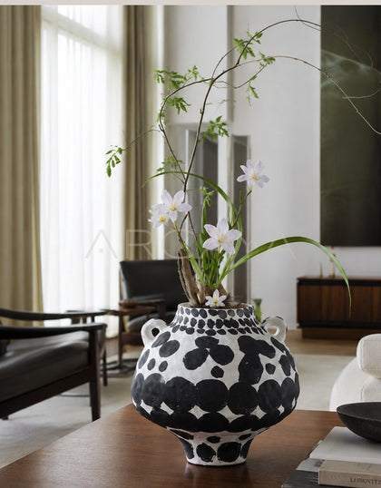 Wabi Sabi Black White Polka Dot Double Ear Vase - scene