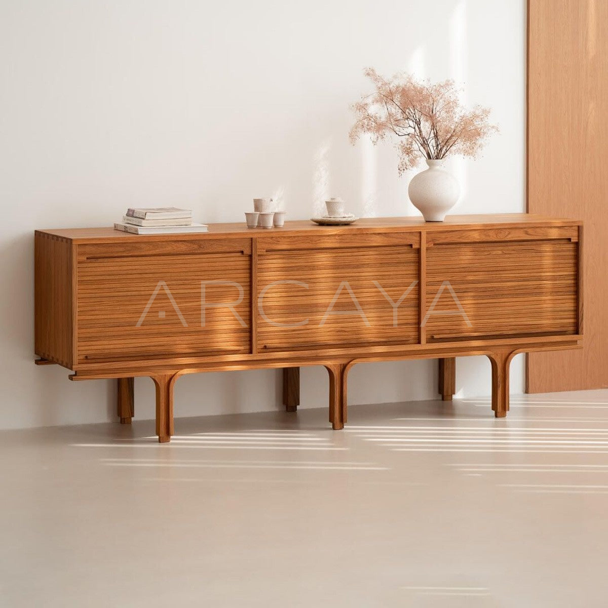 Burmese Teak Mid Century Tambour Cabinet - main
