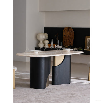 Jade Rabbit Travertine Wood Dining Table - scene