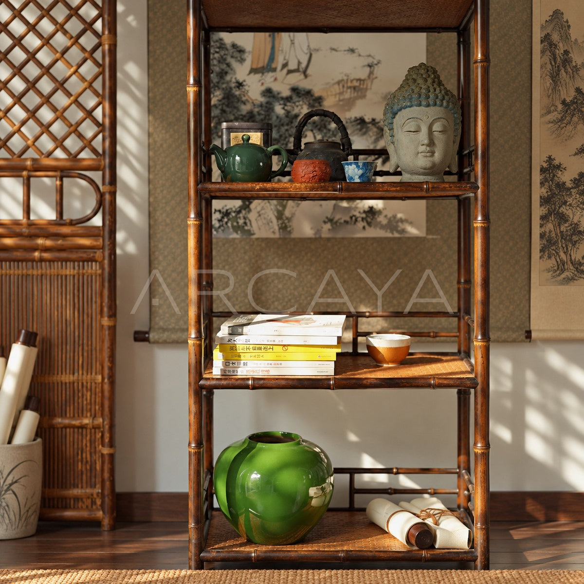 Narrow Bamboo Woven Bookshelf Cabinet in detail