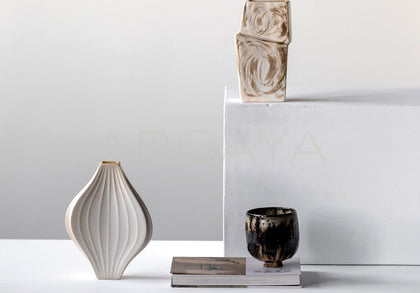 Handmade Ribbed Plain White Ceramic Vase - scene