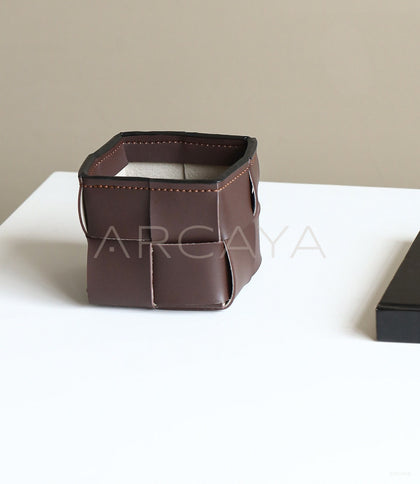 Woven Leather Storage Basket Desktop - scene