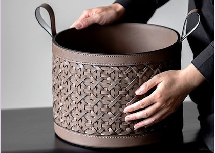 Handwoven Leather Magazine Basket - scene