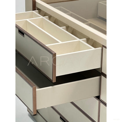 Vertical Stripe Upholstered Vanity Chest - scene