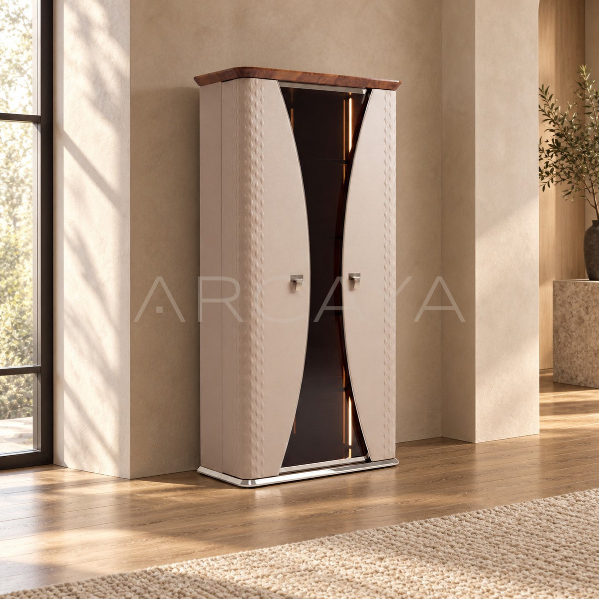 Italian Leather Curved Glass Display Cabinet in detail