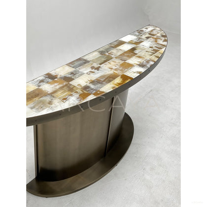 Ox Horn Marquetry Half Round Metal Console - scene