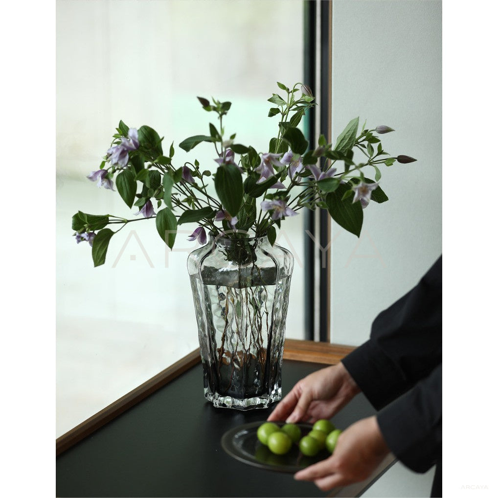 Smoked Grey Ribbed Glass Vase in detail