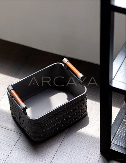Handwoven Leather Wardrobe Basket Wood Handles - scene