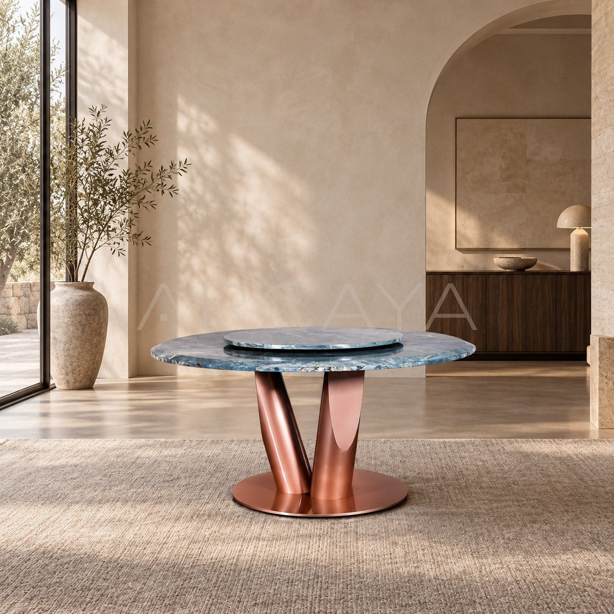 Teal Stone Round Dining Table in detail