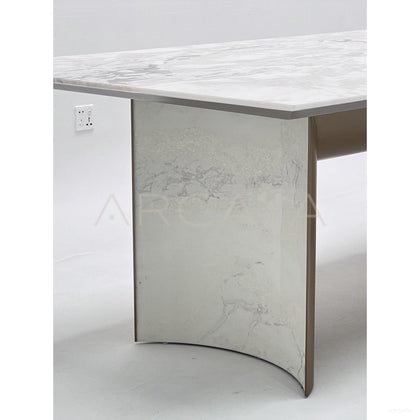 Curved Metal Base Marble Dining Table - scene