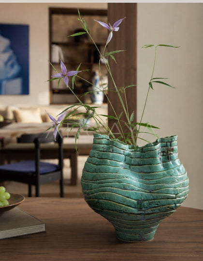 Wabi Sabi Green Rock Texture Ceramic Vase - scene