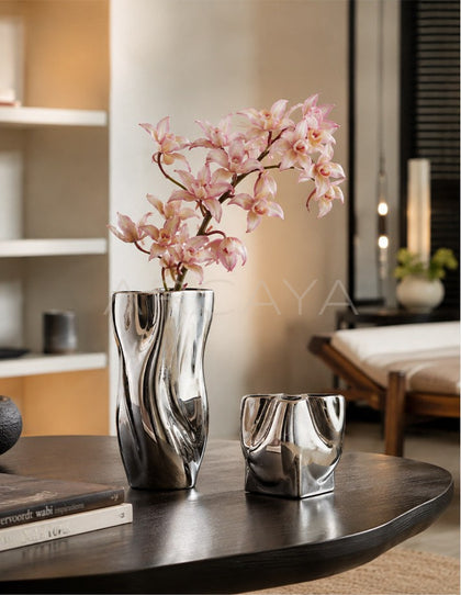 Twisted Pleated Silver Plated Ceramic Vase - scene