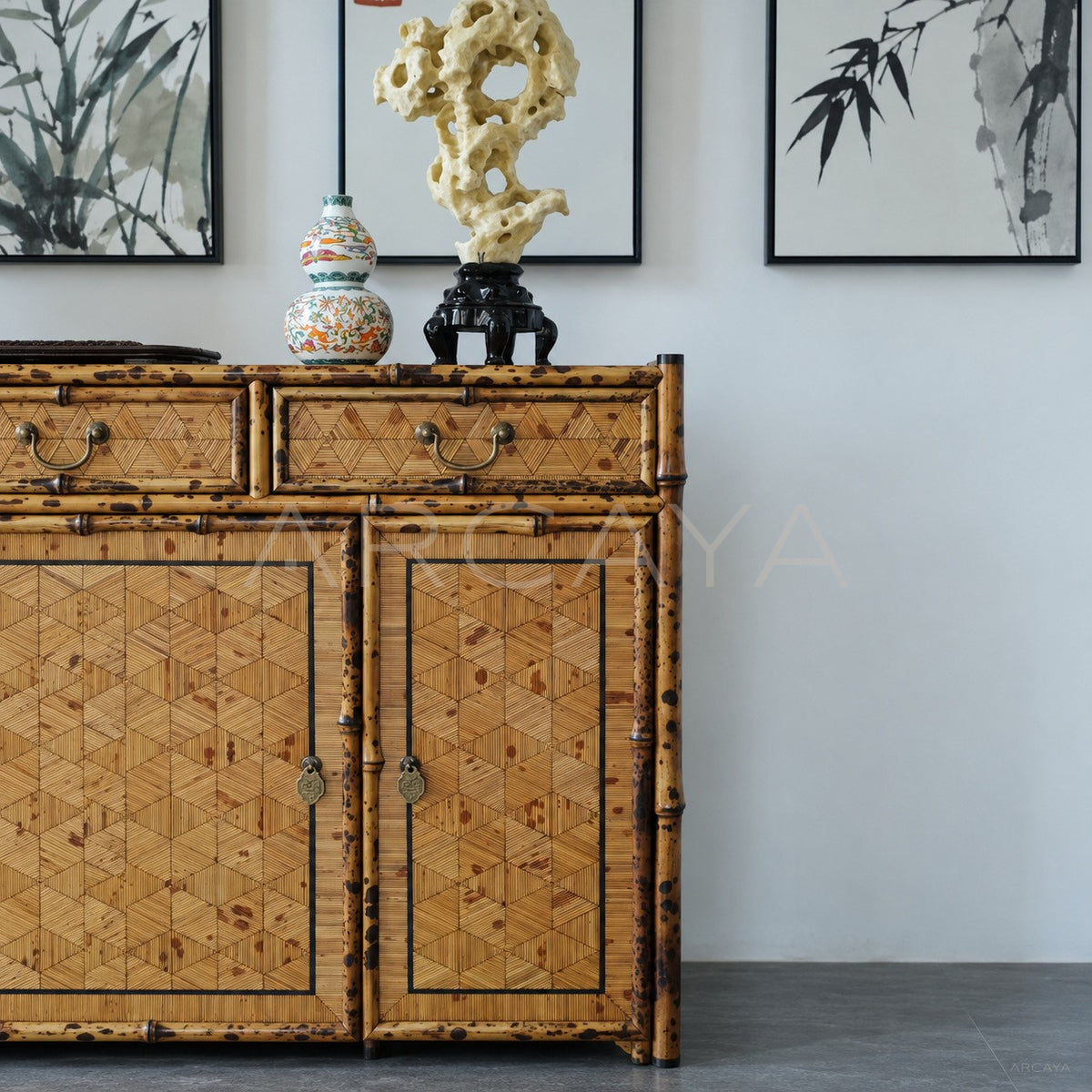 Four Door Cube Pattern Bamboo Sideboard in detail