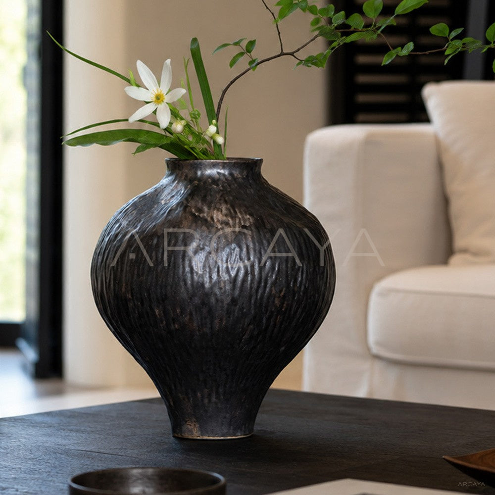 Vintage Dark Brown Hammered Narrow Neck Vase - main