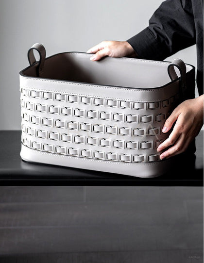 Handwoven Leather Storage Basket With Handles - scene