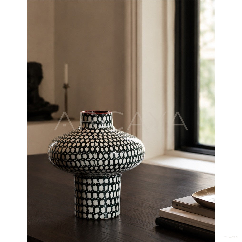 Black White Plaid Ceramic Vase in detail