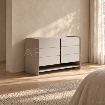 Cream Handleless Six Drawer Open Chest - scene