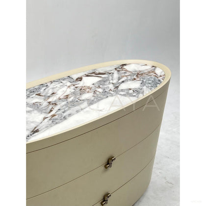 Oval Bulgari Sintered Stone Top Curved Three Drawer Chest - scene