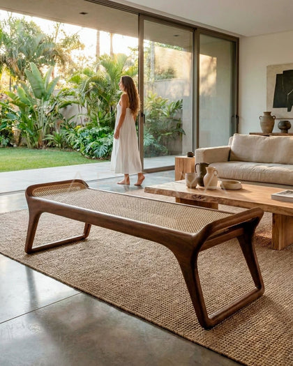 Walnut Rattan Woven Bench - scene