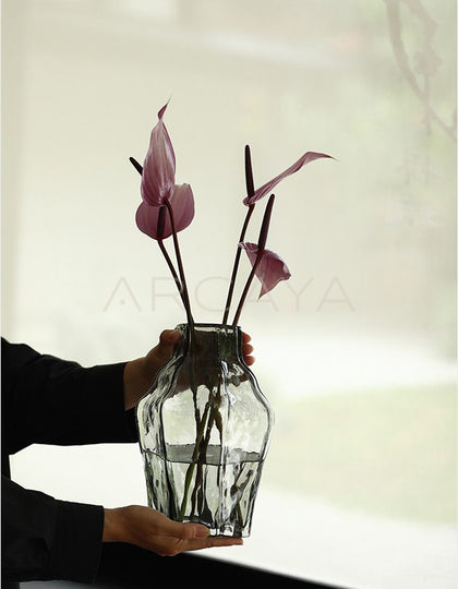 Smoked Grey Ribbed Glass Vase - scene
