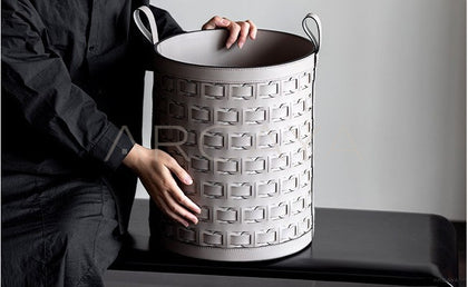Handwoven Leather Laundry Basket With Handles - scene