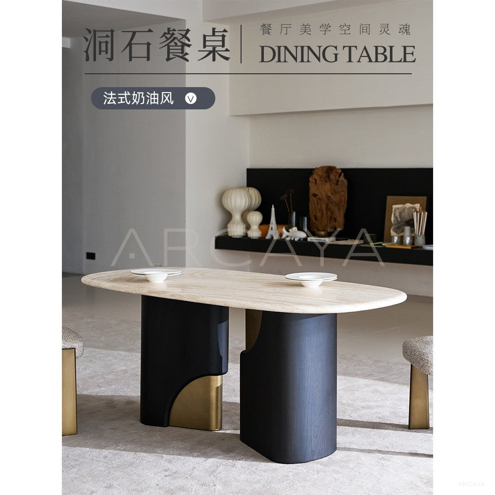 Jade Rabbit Travertine Wood Dining Table in detail
