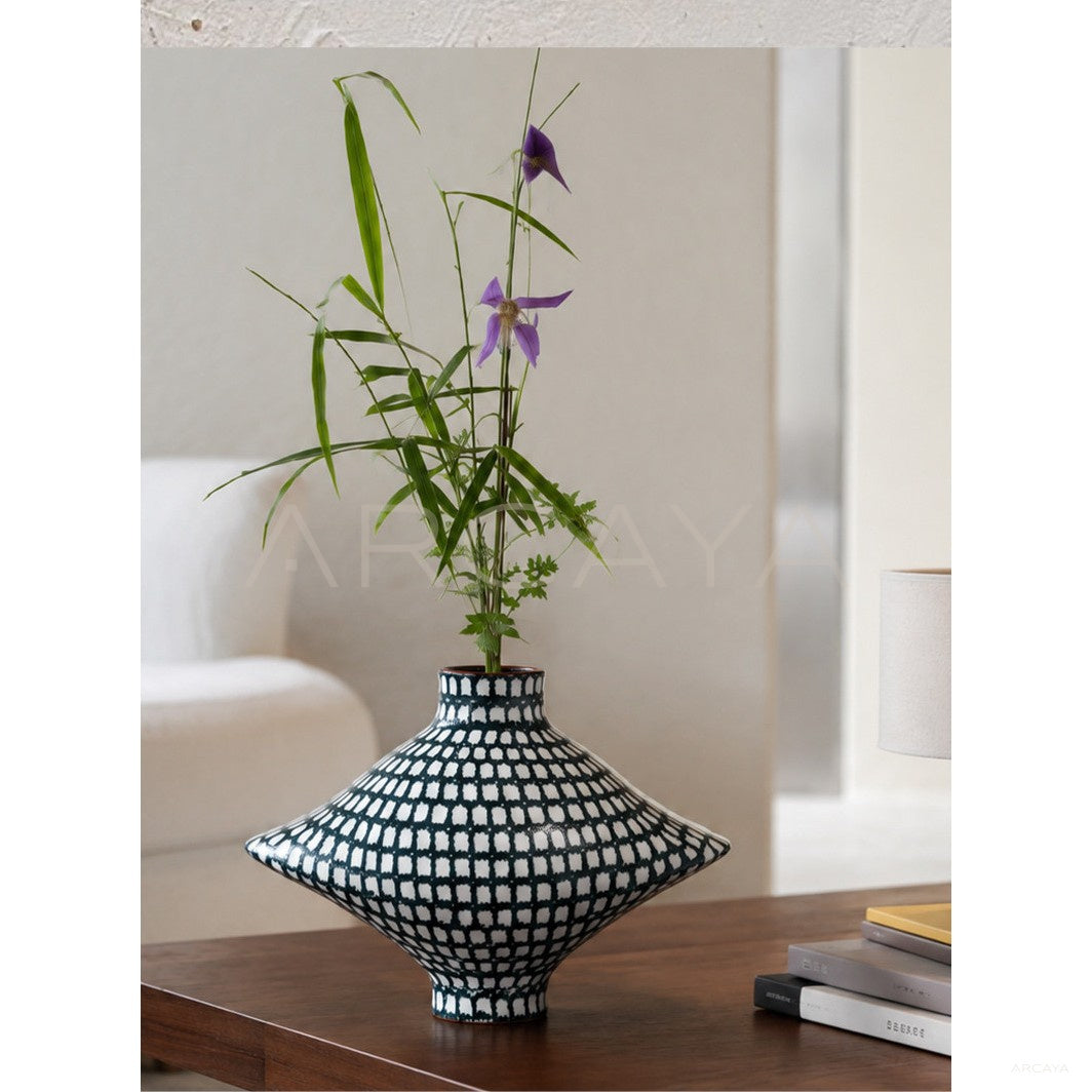 Hand Painted Checkered Vase Living Room in detail
