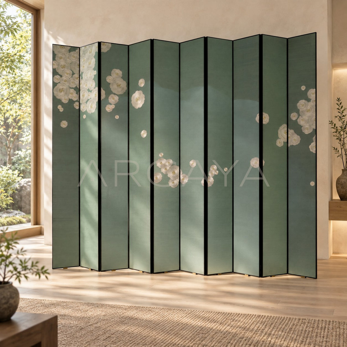 Pea Green Camellia Folding Screen - main