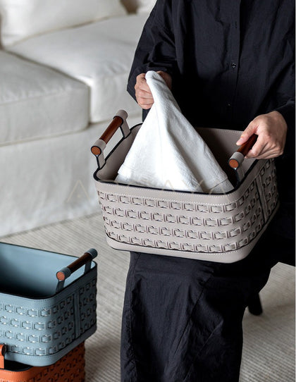 Handwoven Leather Wardrobe Basket Wood Handles - scene