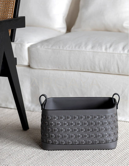 Handwoven Leather Storage Basket With Handles - scene