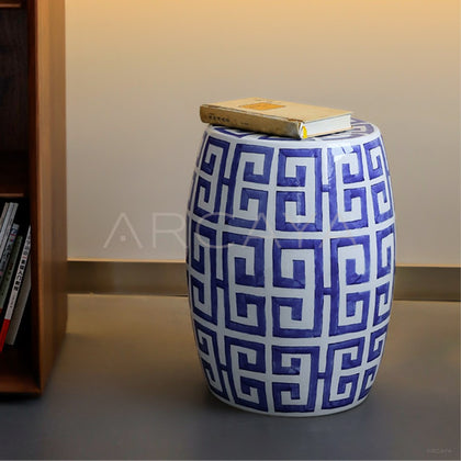 Blue White Fretwork Hand Painted Ceramic Drum Stool - main